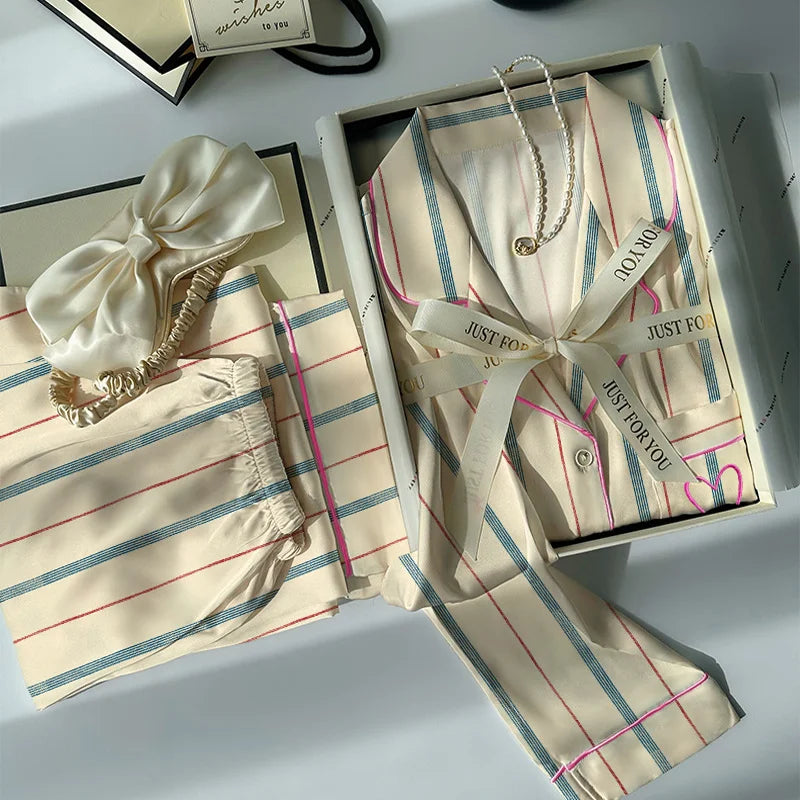 Pijama Feminino Ice Silk Listrado 2 Peças Manga Longa