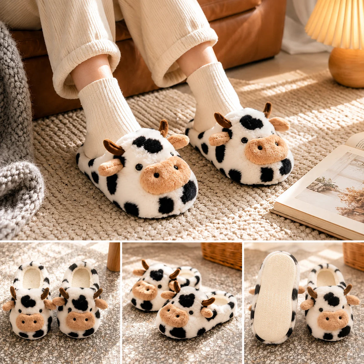 Pantufa 3D Vaquinha Peluda Feminina Silenciosa