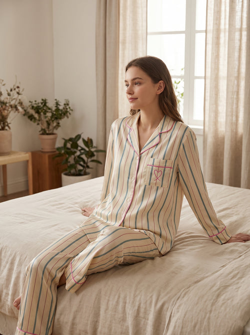 Pijama Feminino Ice Silk Listrado 2 Peças Manga Longa