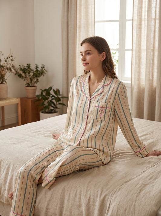 Pijama Feminino Ice Silk Listrado 2 Peças Manga Longa