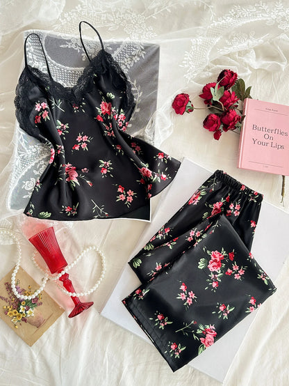 Conjunto Feminino 2 Peças Cetim com Renda Decote V