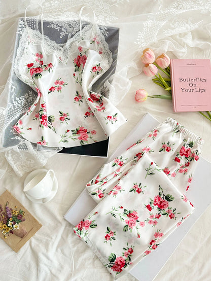 Conjunto Feminino 2 Peças Cetim com Renda Decote V