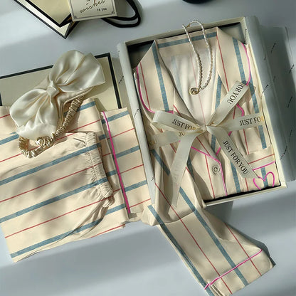 Pijama Feminino Ice Silk Listrado 2 Peças Manga Longa