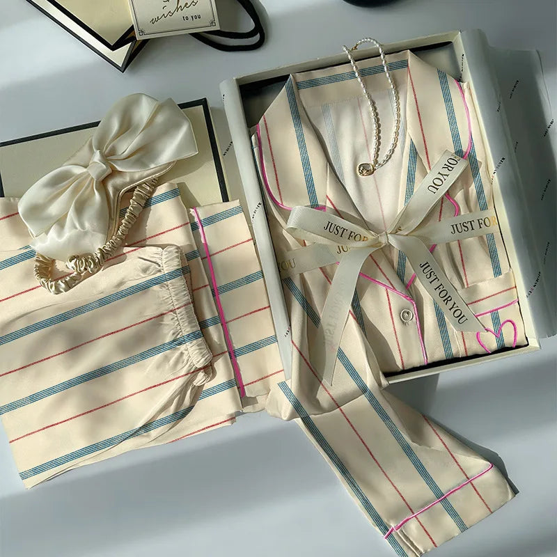Pijama Feminino Ice Silk Listrado 2 Peças Manga Longa