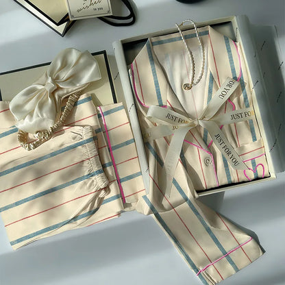 Pijama Feminino Ice Silk Listrado 2 Peças Manga Longa