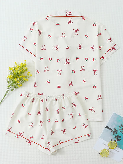 Pijama Feminino Cereja 2 Peças com Botões e Laço