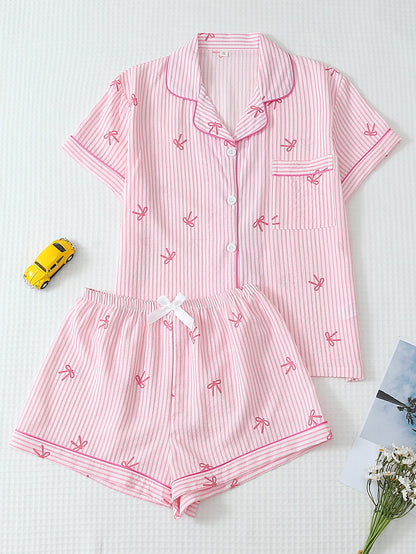 Pijama Feminino Listrado com Corações 2 Peças com Botões