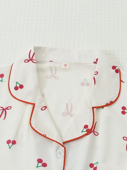 Pijama Feminino Cereja 2 Peças com Botões e Laço