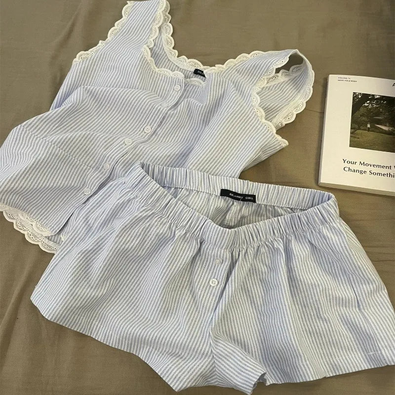 Pijama Feminino Listrado 2 Peças com Renda