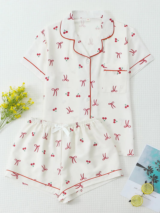 Pijama Feminino Cereja 2 Peças com Botões e Laço