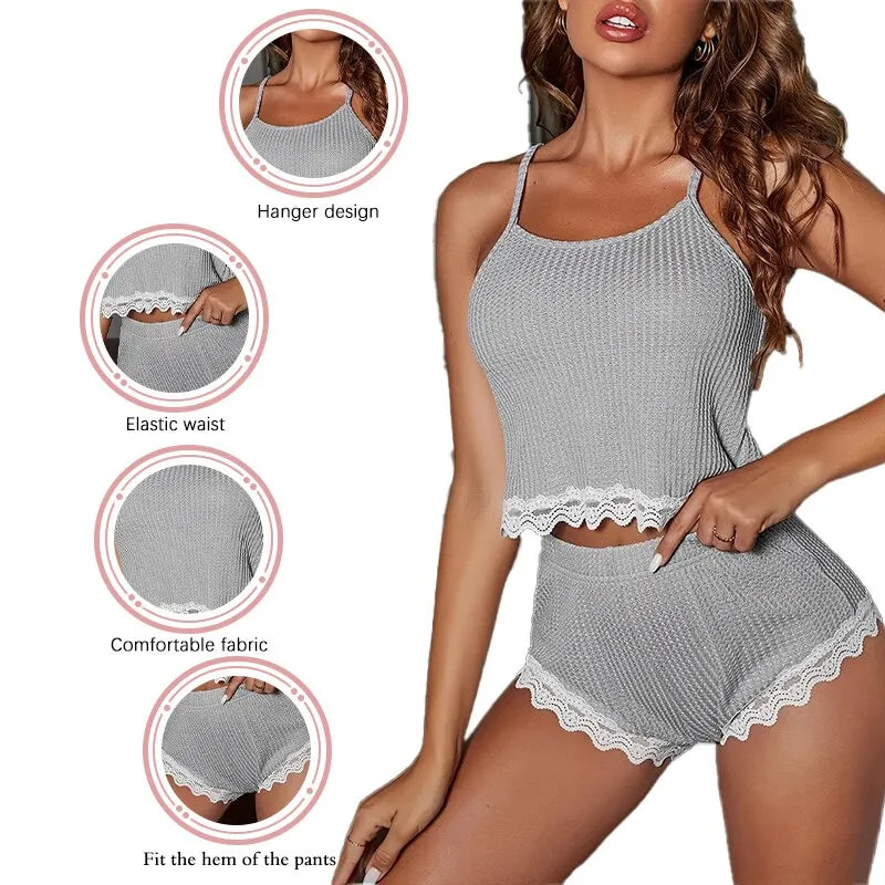 Pijama Feminino 2 Peças Alça Fina com Renda