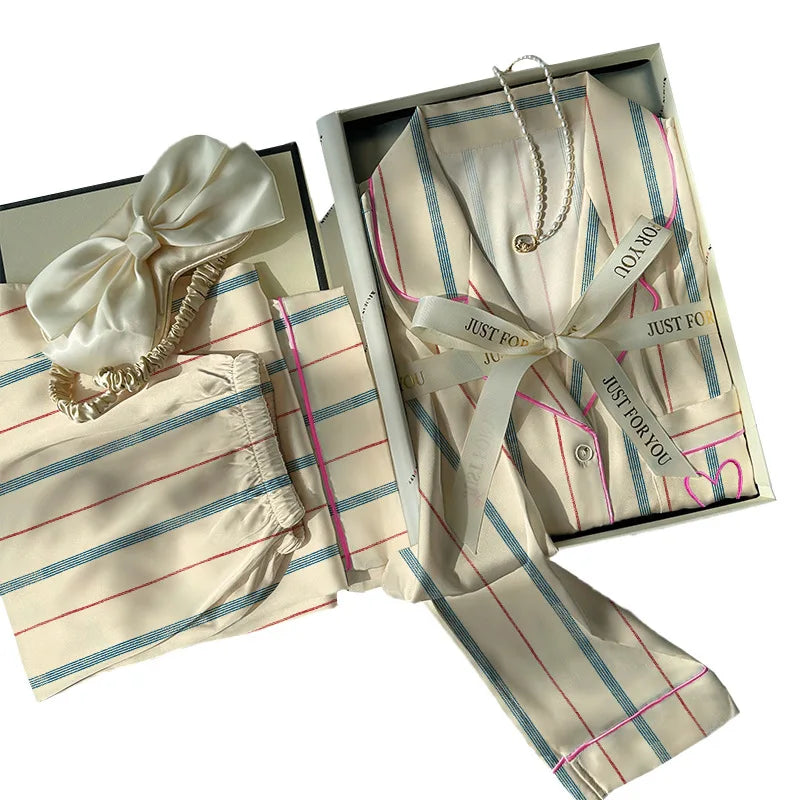 Pijama Feminino Ice Silk Listrado 2 Peças Manga Longa