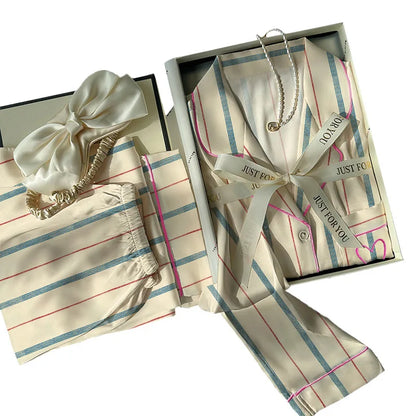 Pijama Feminino Ice Silk Listrado 2 Peças Manga Longa