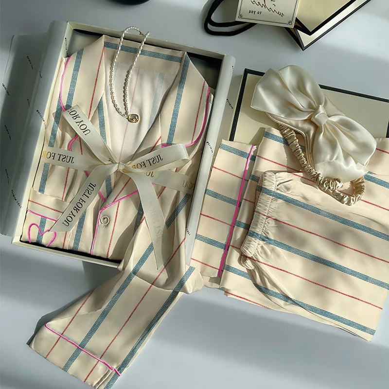Pijama Feminino Ice Silk Listrado 2 Peças Manga Longa