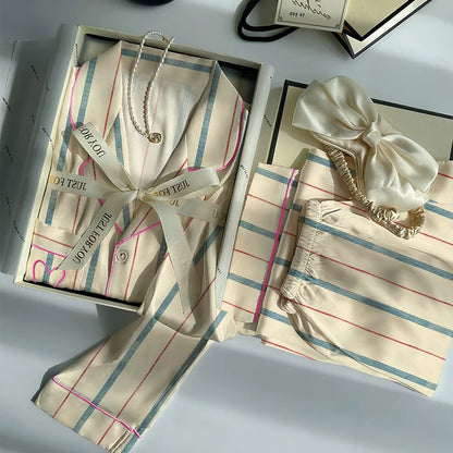 Pijama Feminino Ice Silk Listrado 2 Peças Manga Longa
