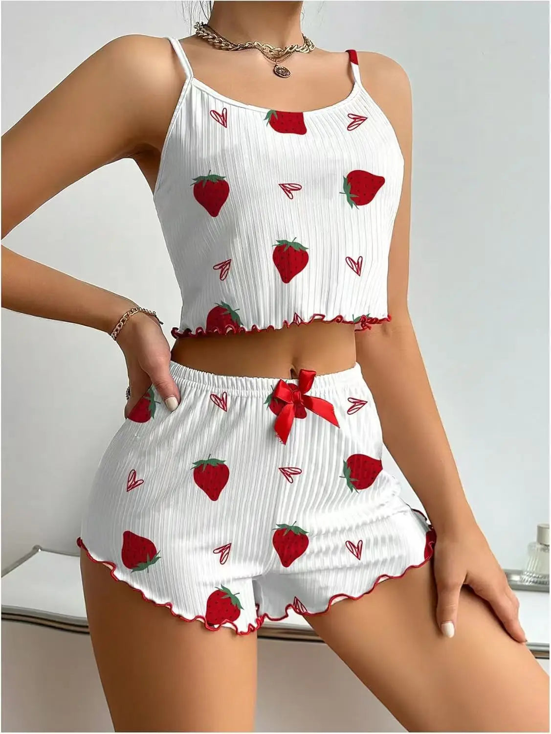 Pijama Feminino 2 Peças Corações Alça Fina Estilo