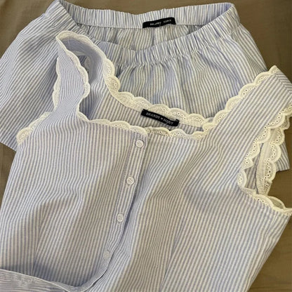 Pijama Feminino Listrado 2 Peças com Renda