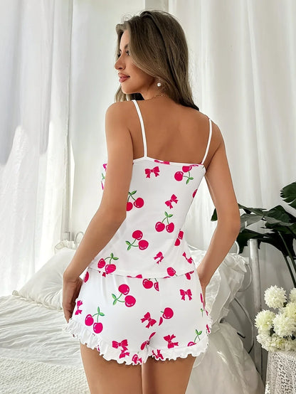 Pijama Curto Feminino Cereja com Babados