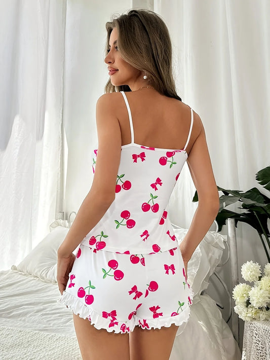 Pijama Curto Feminino Cereja com Babados