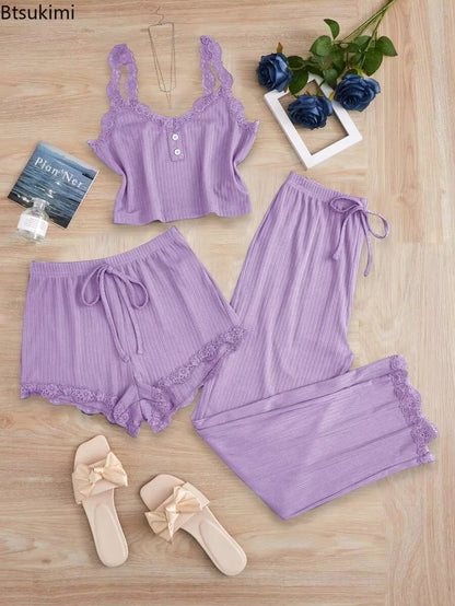 Pijama Feminino 3 Peças com Renda