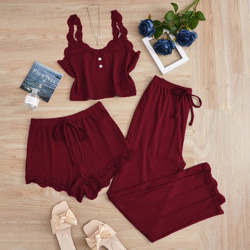 Pijama Feminino 3 Peças com Renda