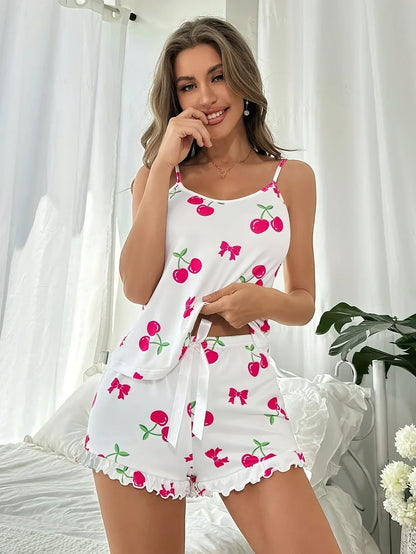 Pijama Curto Feminino Cereja com Babados