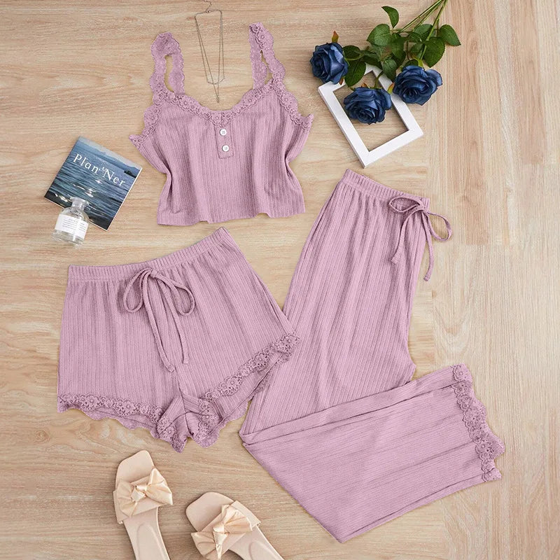 Pijama Feminino 3 Peças com Renda