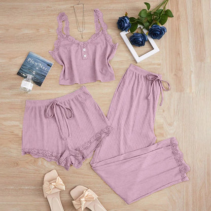 Pijama Feminino 3 Peças com Renda