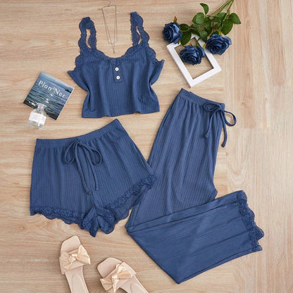 Pijama Feminino 3 Peças com Renda