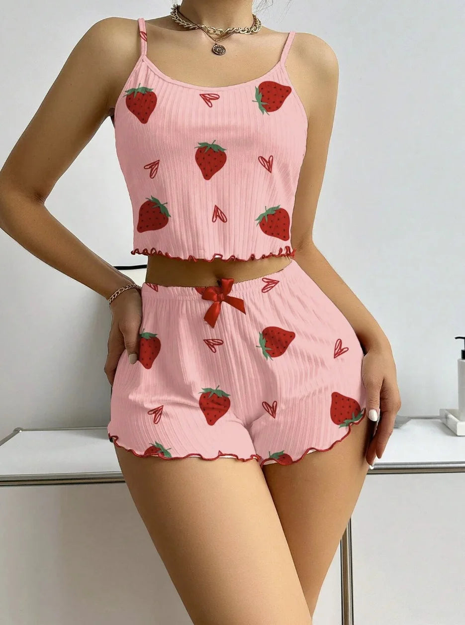 Pijama Feminino 2 Peças Corações Alça Fina Estilo