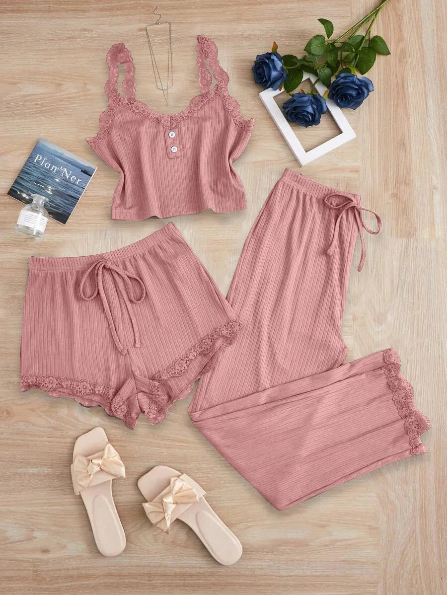 Pijama Feminino 3 Peças com Renda