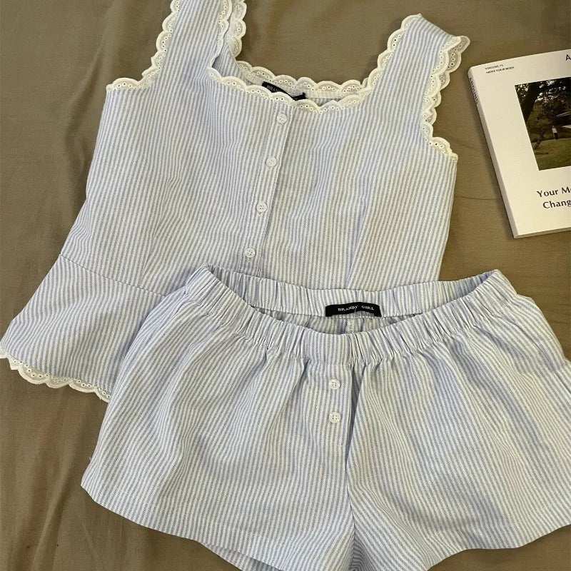 Pijama Feminino Listrado 2 Peças com Renda