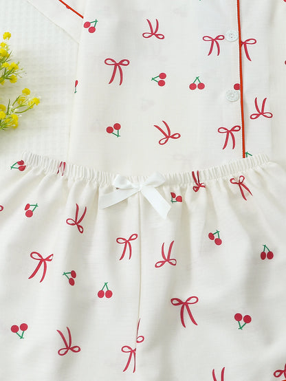 Pijama Feminino Cereja 2 Peças com Botões e Laço