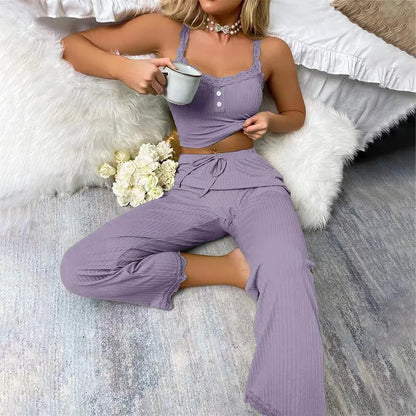 Pijama Feminino 2 Peças com Renda e Calça Longa