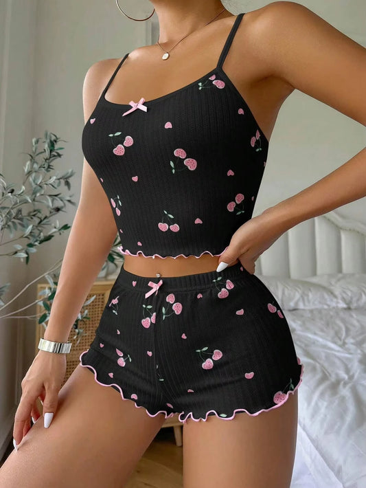 Pijama Feminino Coração 2 Peças com Laço e Costas Abertas