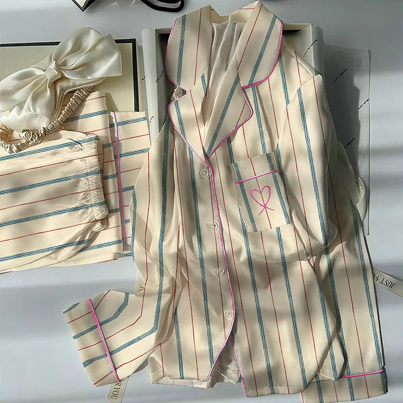 Pijama Feminino Ice Silk Listrado 2 Peças Manga Longa