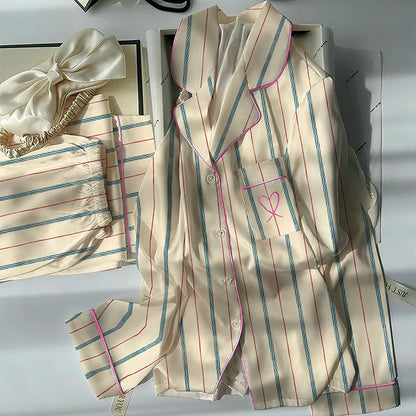Pijama Feminino Ice Silk Listrado 2 Peças Manga Longa