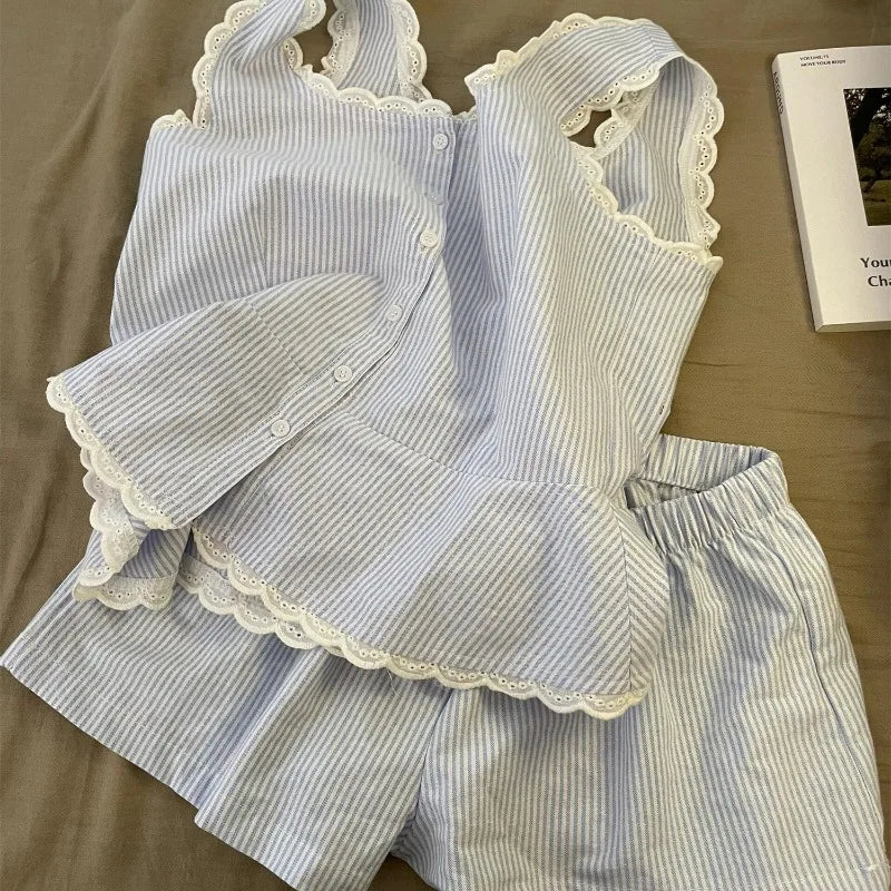 Pijama Feminino Listrado 2 Peças com Renda