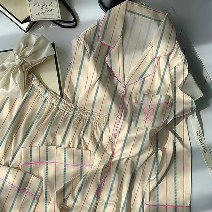Pijama Feminino Ice Silk Listrado 2 Peças Manga Longa