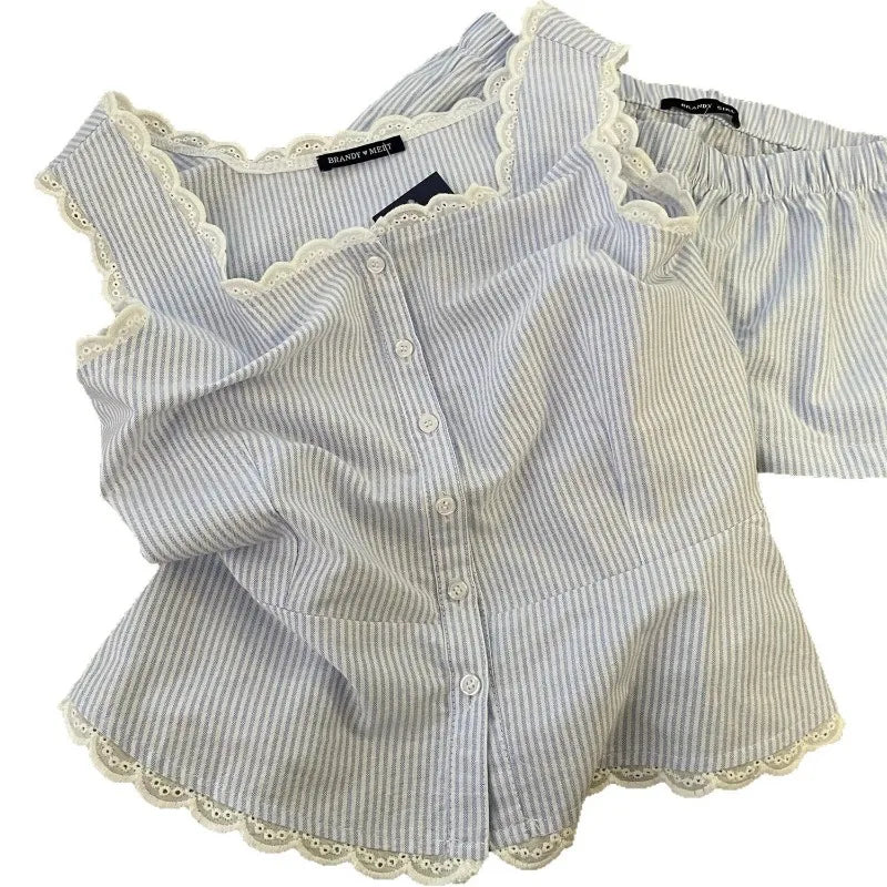 Pijama Feminino Listrado 2 Peças com Renda