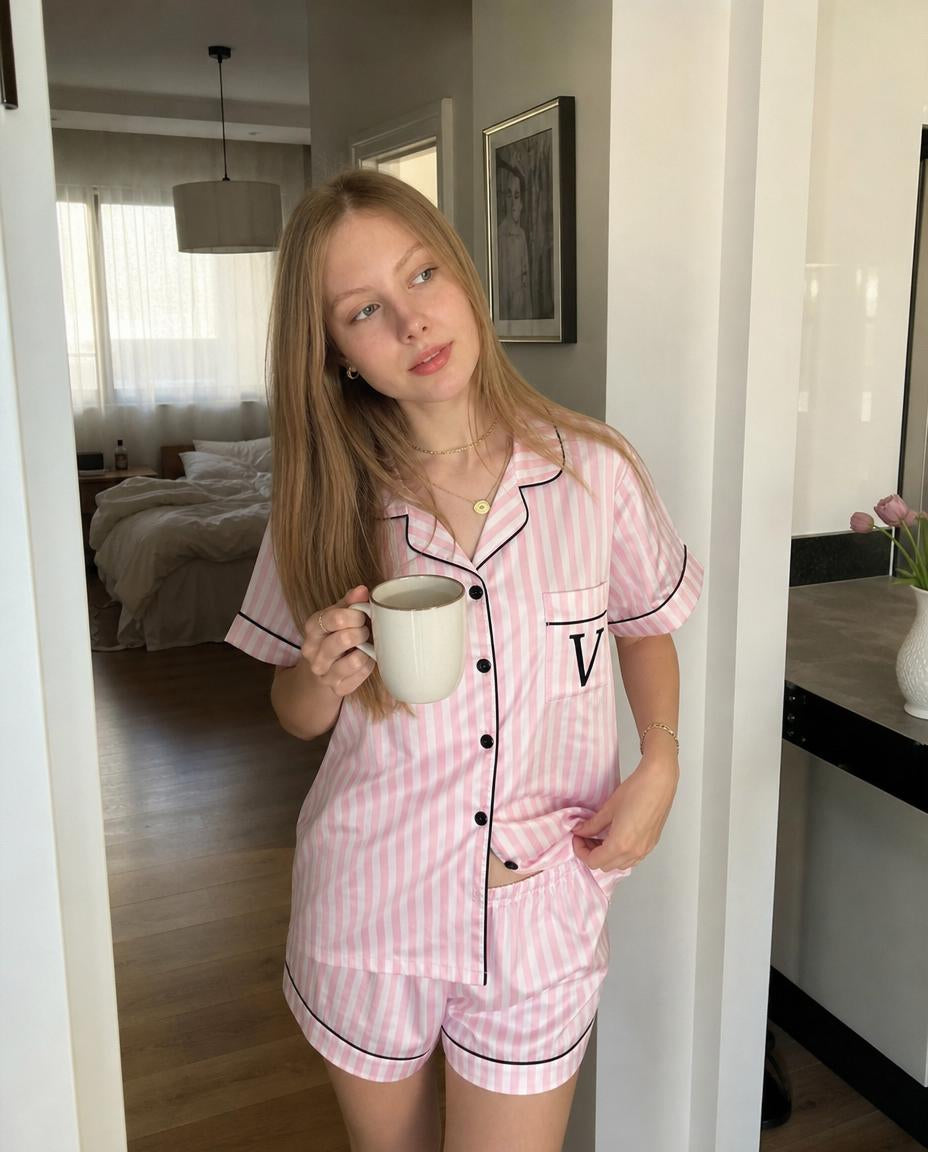 Pijama Curto de Cetim Listrado