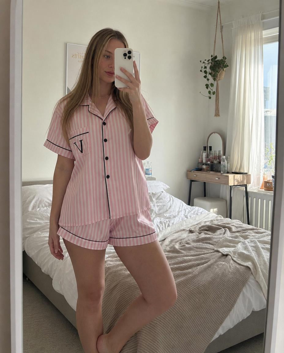 Pijama Curto de Cetim Listrado